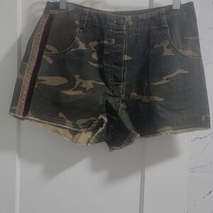 Sugarlips Camo Denim Shorts with Side Velvet Stripe - Green